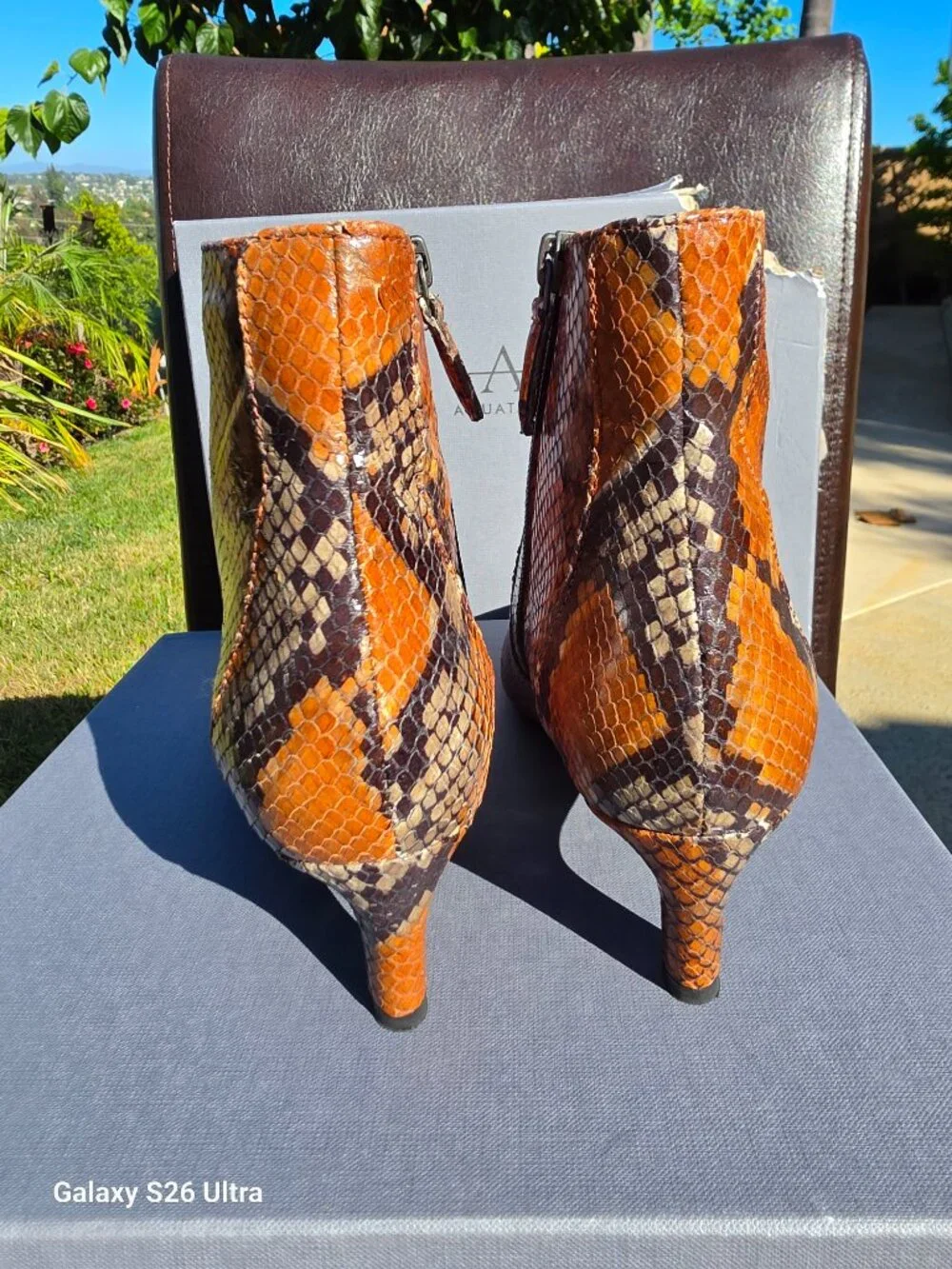AQUATALIA Cognac Snake Print Leather Marilisa Kitten Heel Booties 7.5M w/ Box